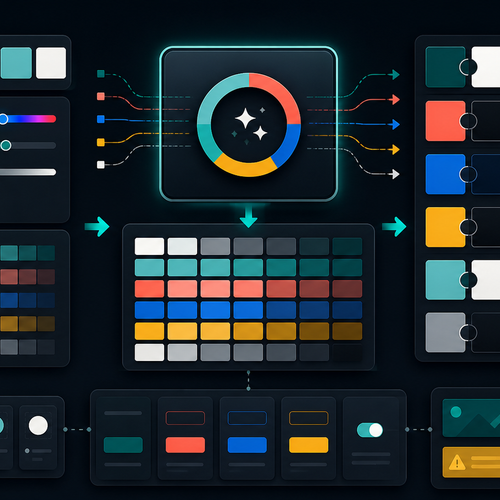 Design system color palette workflow with swatches, contrast comparisons, accessibility checks, and UI token blocks