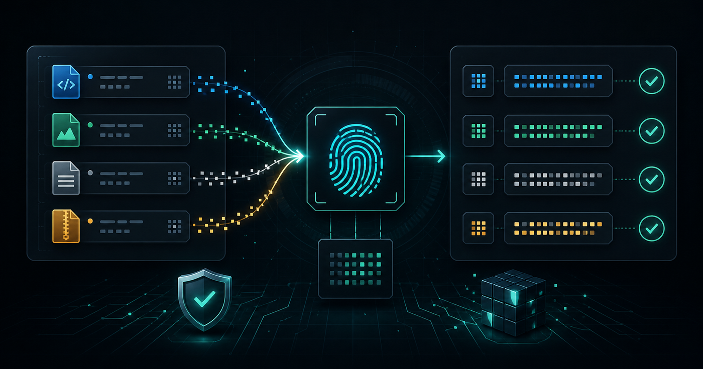 Hash generation workflow showing files converted into fingerprint digests and verified with integrity checks
