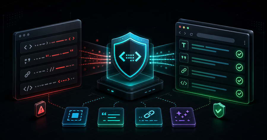 Dark security workflow showing unsafe markup passing through an escaping shield into safe rendered output