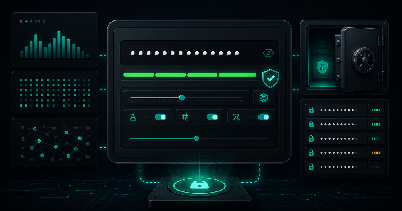 Secure password generator workflow with entropy controls, masked credentials, and local privacy indicators