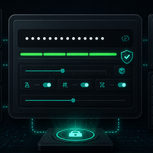 Secure password generator workflow with entropy controls, masked credentials, and local privacy indicators