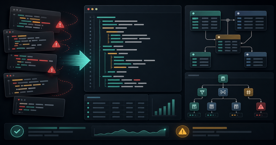 SQL formatting debugging workflow with query panes, joins, filters, and execution plan panels